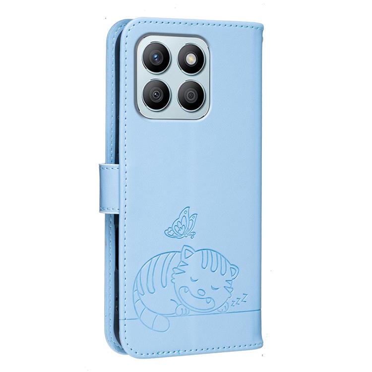 For Honor X8b Cat Butterfly Embossed RFID Vegan Leather Phone Case with Strap