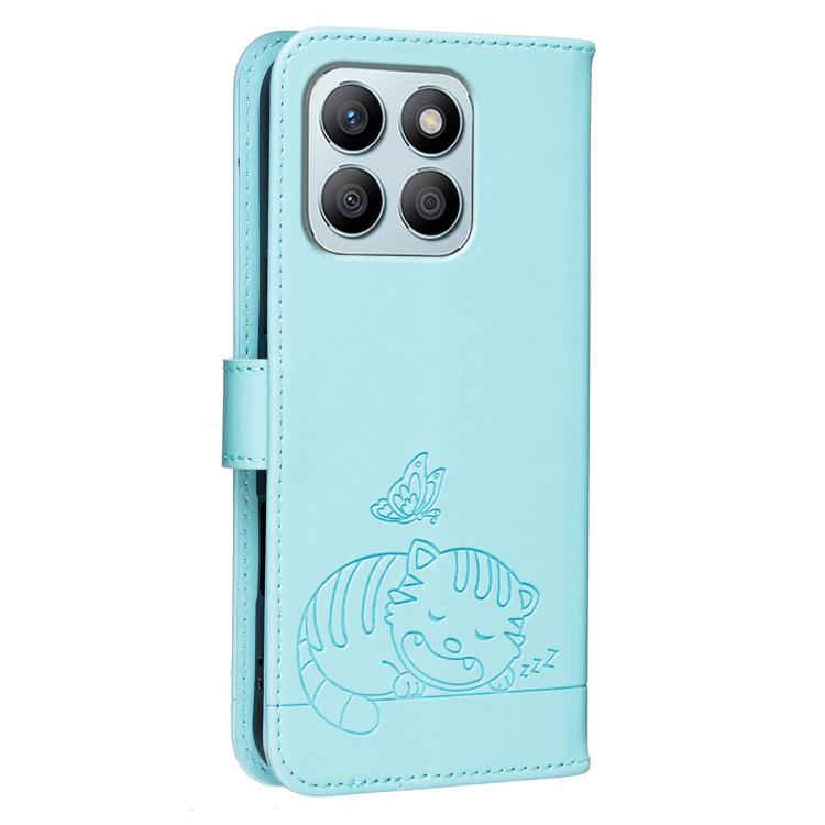 For Honor X8b Cat Butterfly Embossed RFID Vegan Leather Phone Case with Strap