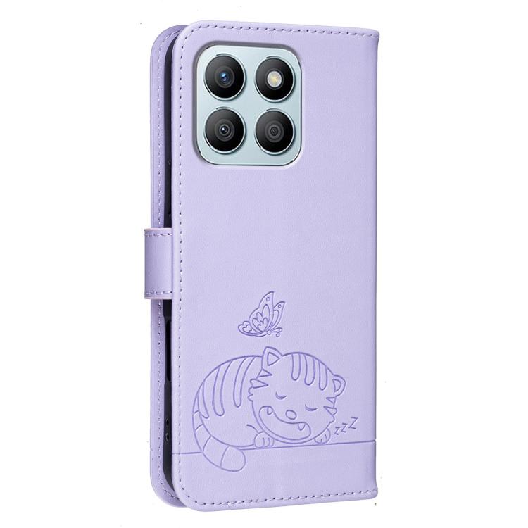 For Honor X8b Cat Butterfly Embossed RFID Vegan Leather Phone Case with Strap