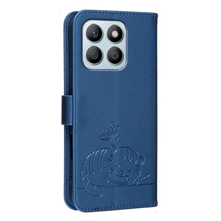 For Honor X8b Cat Butterfly Embossed RFID Vegan Leather Phone Case with Strap