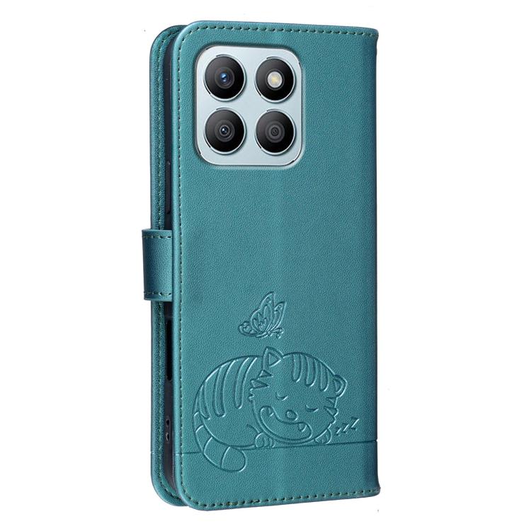 For Honor X8b Cat Butterfly Embossed RFID Vegan Leather Phone Case with Strap