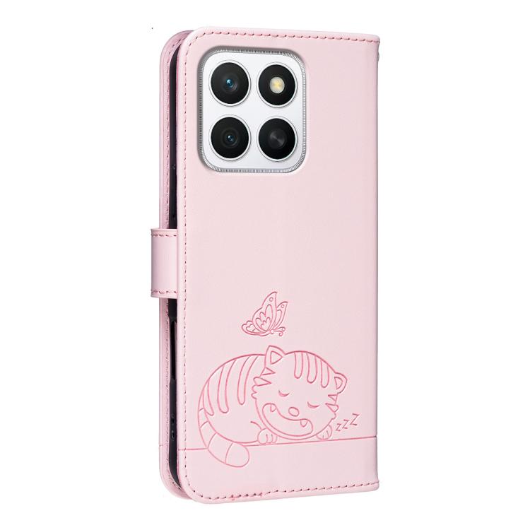 For Honor X8c 4G Cat Butterfly Embossed RFID Vegan Leather Phone Case with Strap