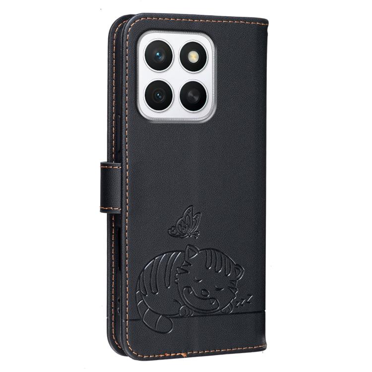 For Honor X8c 4G Cat Butterfly Embossed RFID Vegan Leather Phone Case with Strap