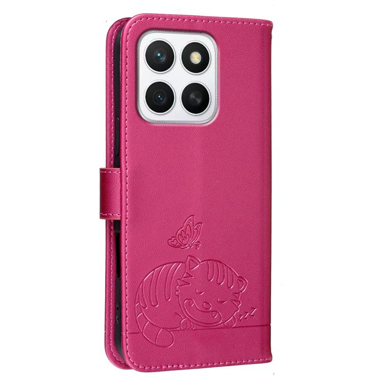 For Honor X8c 4G Cat Butterfly Embossed RFID Vegan Leather Phone Case with Strap