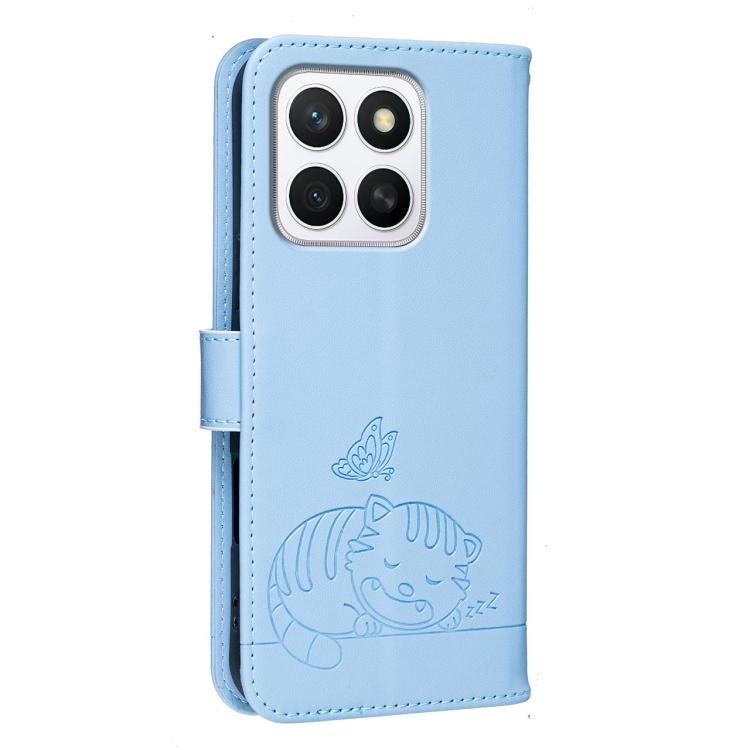 For Honor X8c 4G Cat Butterfly Embossed RFID Vegan Leather Phone Case with Strap