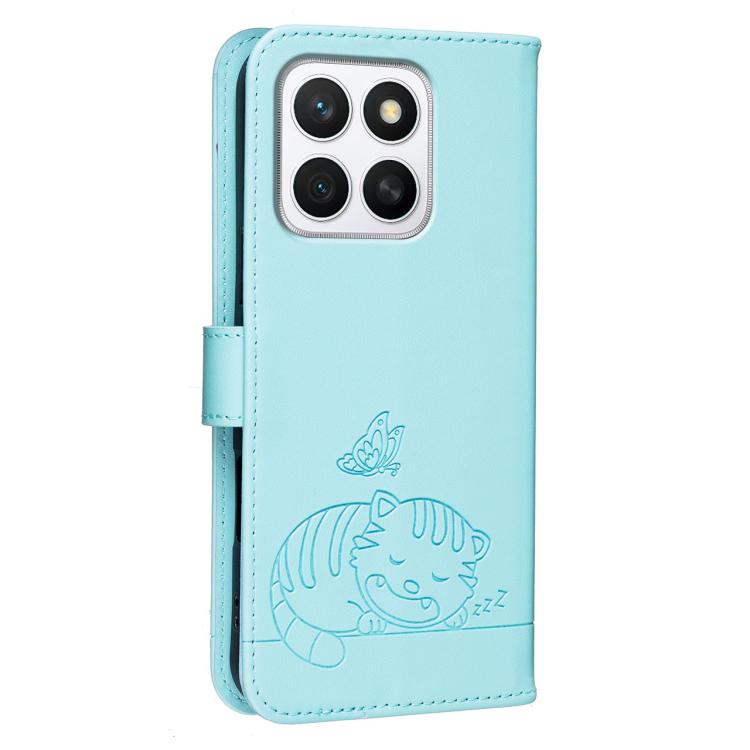 For Honor X8c 4G Cat Butterfly Embossed RFID Vegan Leather Phone Case with Strap
