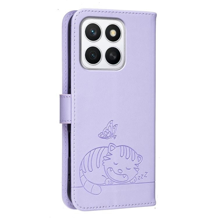 For Honor X8c 4G Cat Butterfly Embossed RFID Vegan Leather Phone Case with Strap