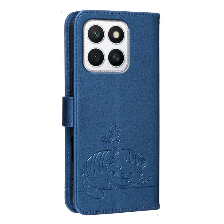 For Honor X8c 4G Cat Butterfly Embossed RFID Vegan Leather Phone Case with Strap