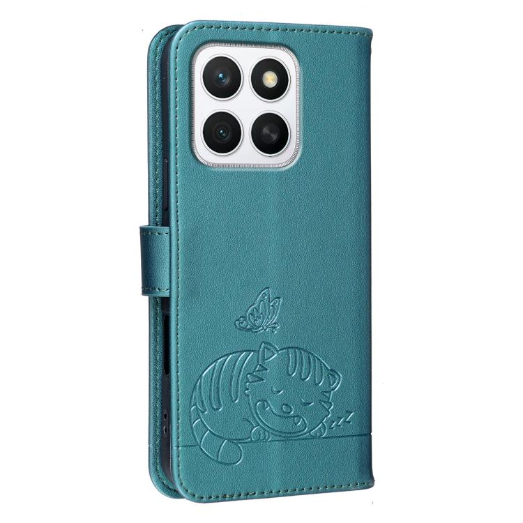 For Honor X8c 4G Cat Butterfly Embossed RFID Vegan Leather Phone Case with Strap