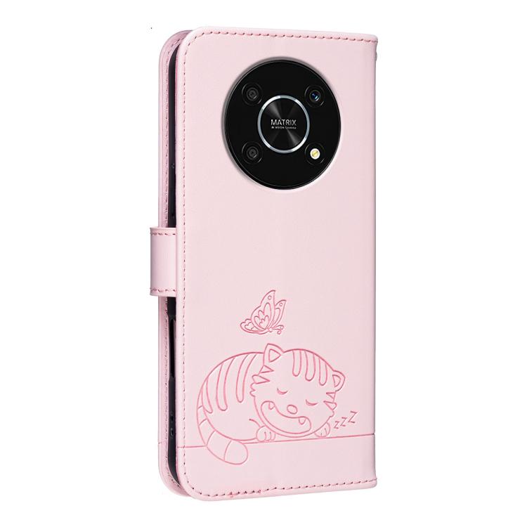 For Honor X9 5G Cat Butterfly Embossed RFID Vegan Leather Phone Case with Strap