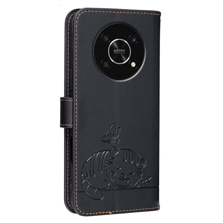 For Honor X9 5G Cat Butterfly Embossed RFID Vegan Leather Phone Case with Strap