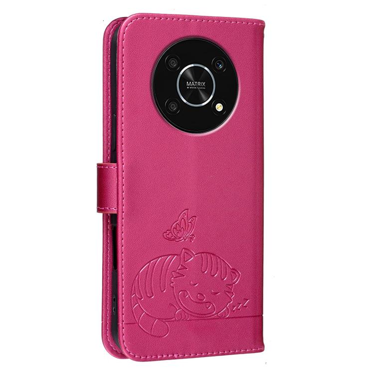 For Honor X9 5G Cat Butterfly Embossed RFID Vegan Leather Phone Case with Strap