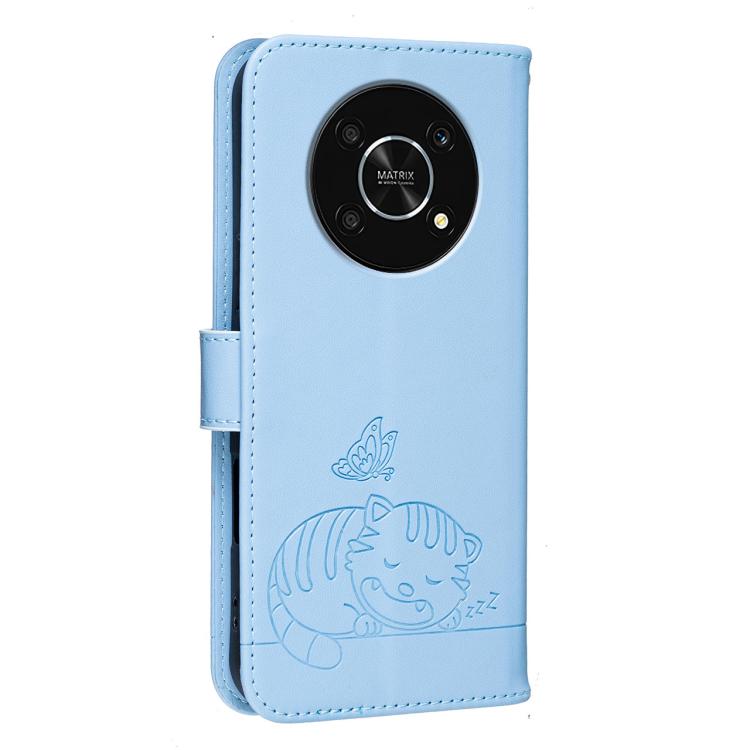 For Honor X9 5G Cat Butterfly Embossed RFID Vegan Leather Phone Case with Strap