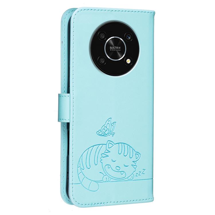 For Honor X9 5G Cat Butterfly Embossed RFID Vegan Leather Phone Case with Strap