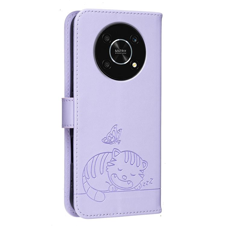 For Honor X9 5G Cat Butterfly Embossed RFID Vegan Leather Phone Case with Strap