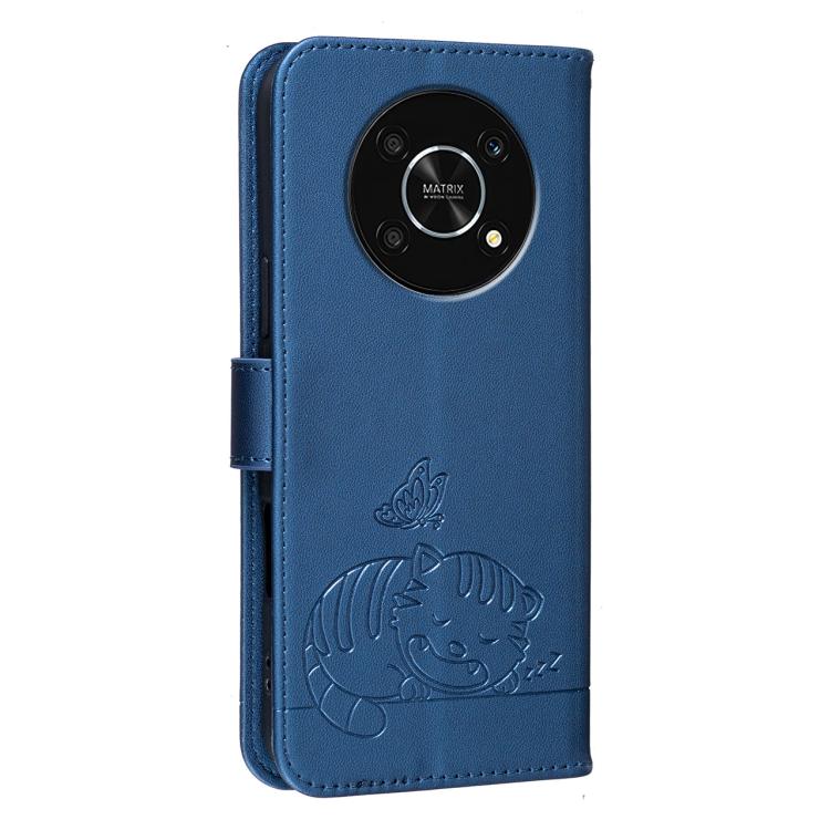 For Honor X9 5G Cat Butterfly Embossed RFID Vegan Leather Phone Case with Strap