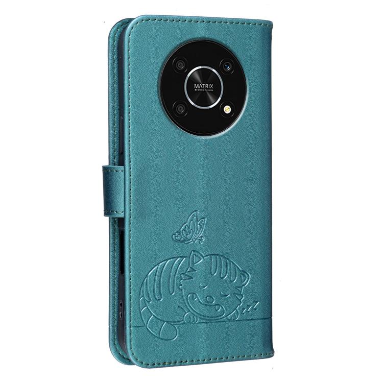 For Honor X9 5G Cat Butterfly Embossed RFID Vegan Leather Phone Case with Strap