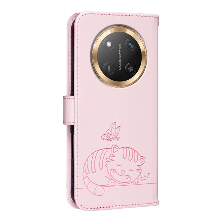 For Honor X9c / Magic7 Lite Cat Butterfly Embossed RFID Vegan Leather Phone Case with Strap