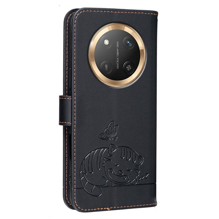 For Honor X9c / Magic7 Lite Cat Butterfly Embossed RFID Vegan Leather Phone Case with Strap