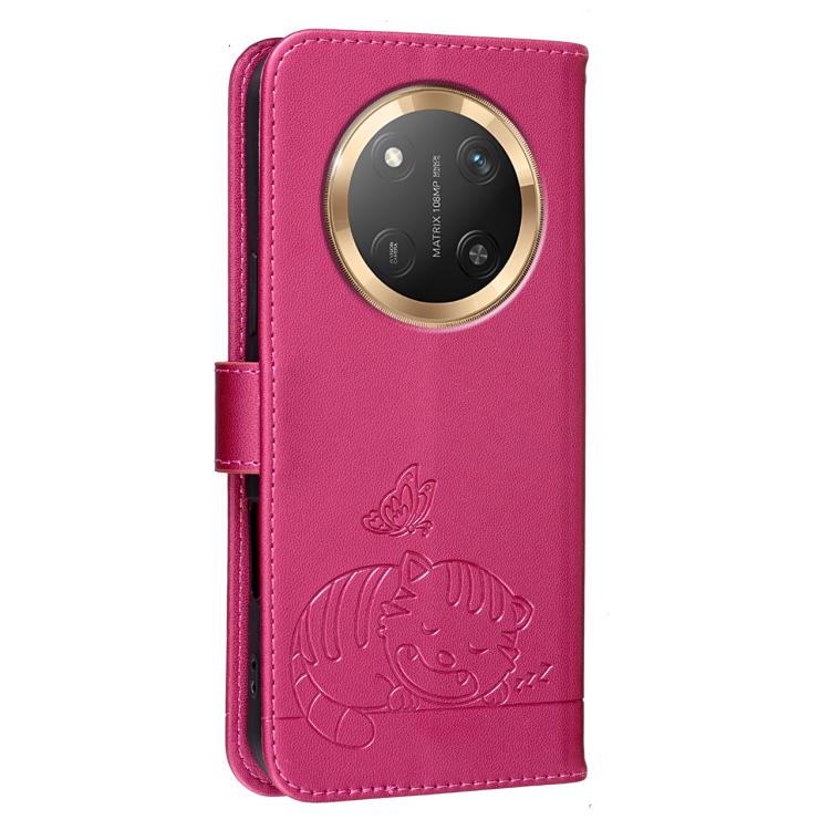 For Honor X9c / Magic7 Lite Cat Butterfly Embossed RFID Vegan Leather Phone Case with Strap