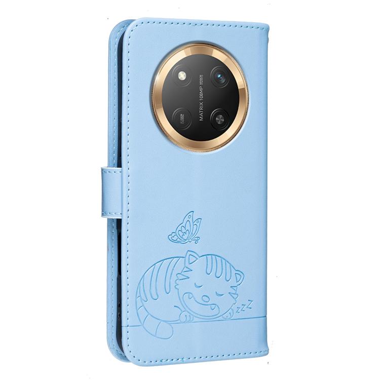 For Honor X9c / Magic7 Lite Cat Butterfly Embossed RFID Vegan Leather Phone Case with Strap