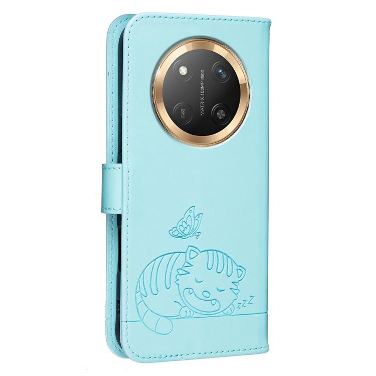 For Honor X9c / Magic7 Lite Cat Butterfly Embossed RFID Vegan Leather Phone Case with Strap