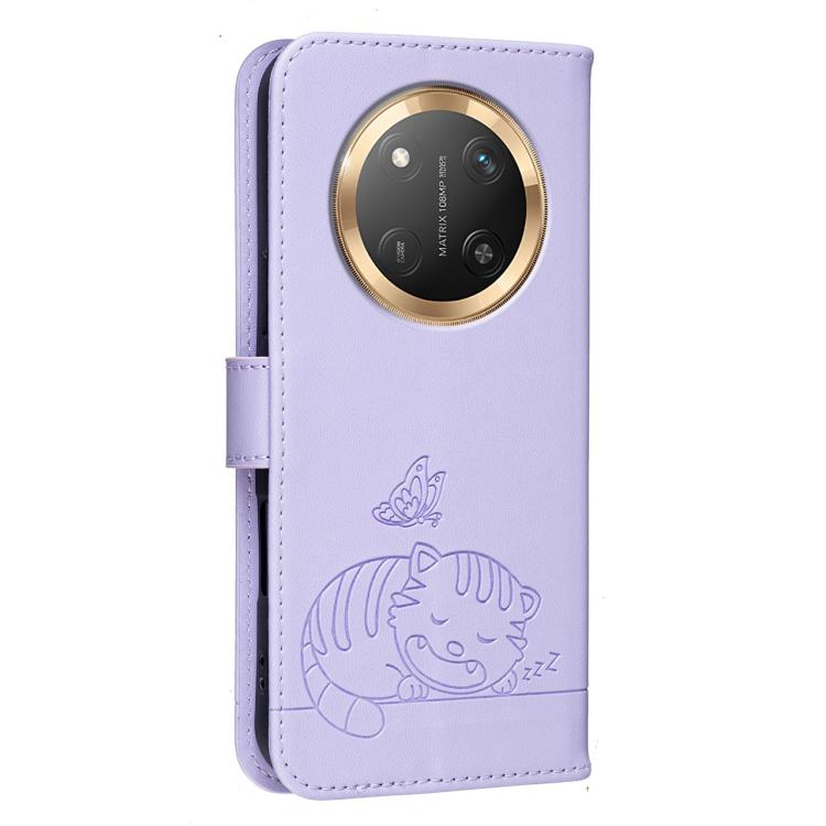 For Honor X9c / Magic7 Lite Cat Butterfly Embossed RFID Vegan Leather Phone Case with Strap