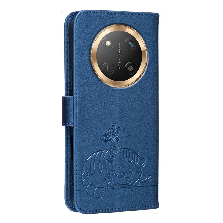 For Honor X9c / Magic7 Lite Cat Butterfly Embossed RFID Vegan Leather Phone Case with Strap