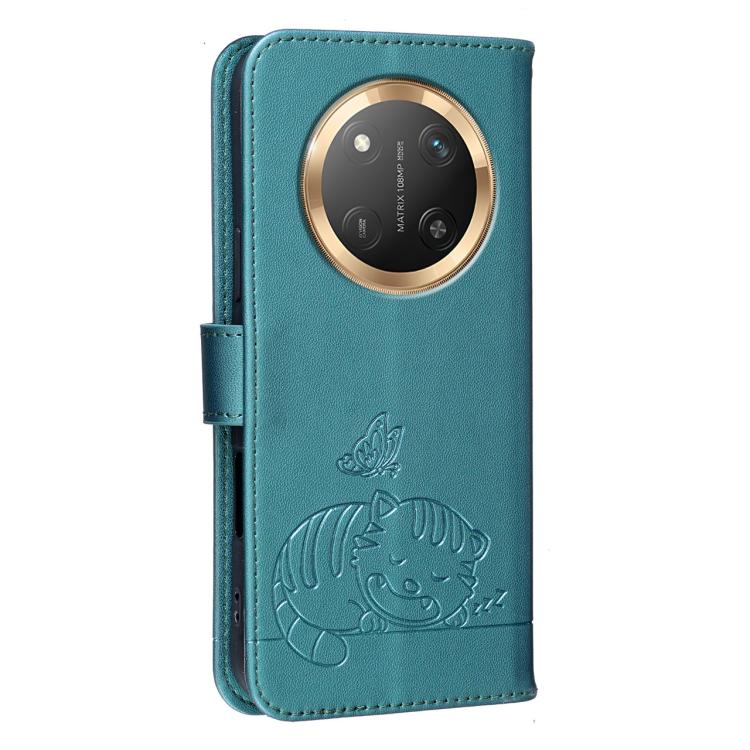 For Honor X9c / Magic7 Lite Cat Butterfly Embossed RFID Vegan Leather Phone Case with Strap