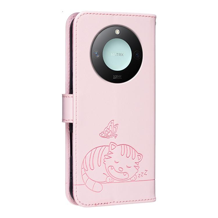 For Honor X9c Smart Cat Butterfly Embossed RFID Vegan Leather Phone Case with Strap
