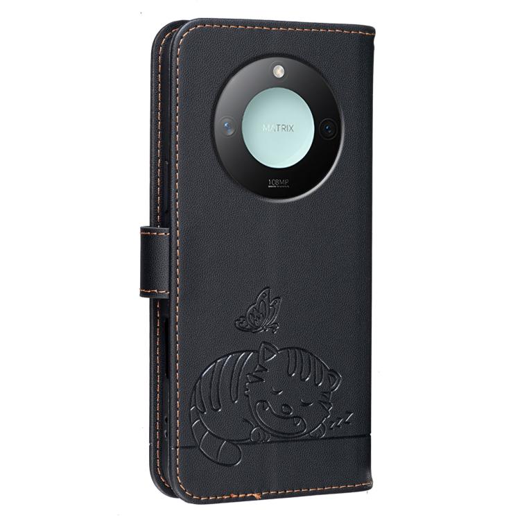 For Honor X9c Smart Cat Butterfly Embossed RFID Vegan Leather Phone Case with Strap