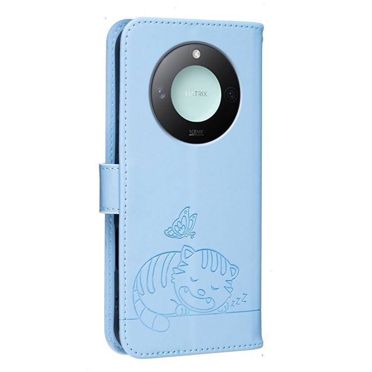 For Honor X9c Smart Cat Butterfly Embossed RFID Vegan Leather Phone Case with Strap