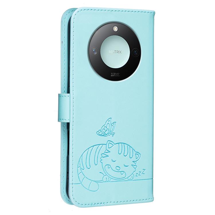 For Honor X9c Smart Cat Butterfly Embossed RFID Vegan Leather Phone Case with Strap