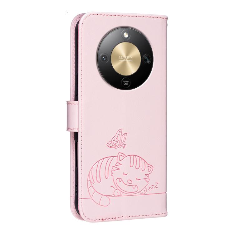 For Honor X9d / X70 / Magic8 Lite Cat Butterfly Embossed RFID Vegan Leather Phone Case with Strap