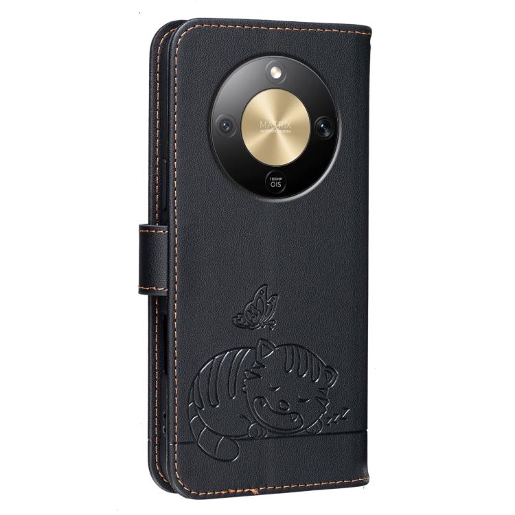 For Honor X9d / X70 / Magic8 Lite Cat Butterfly Embossed RFID Vegan Leather Phone Case with Strap
