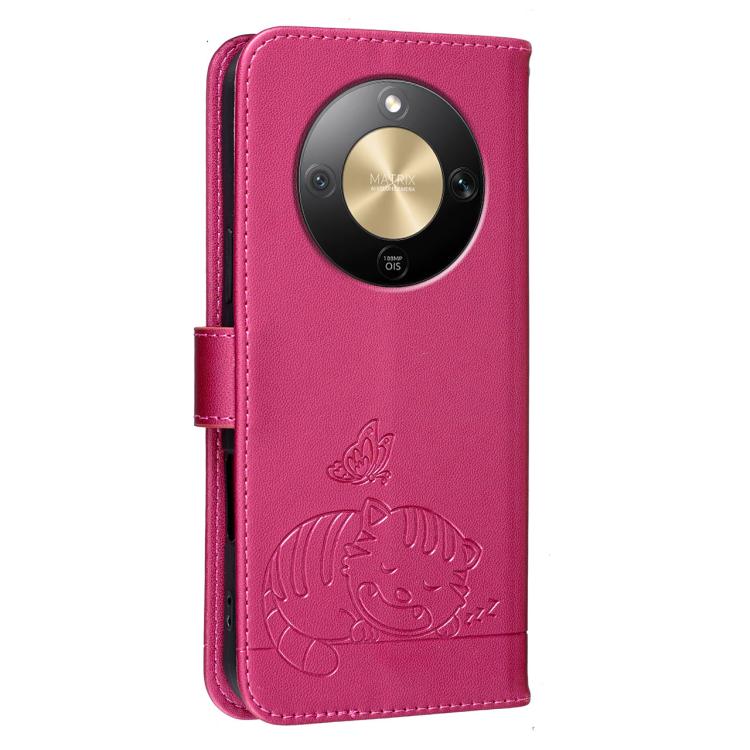 For Honor X9d / X70 / Magic8 Lite Cat Butterfly Embossed RFID Vegan Leather Phone Case with Strap