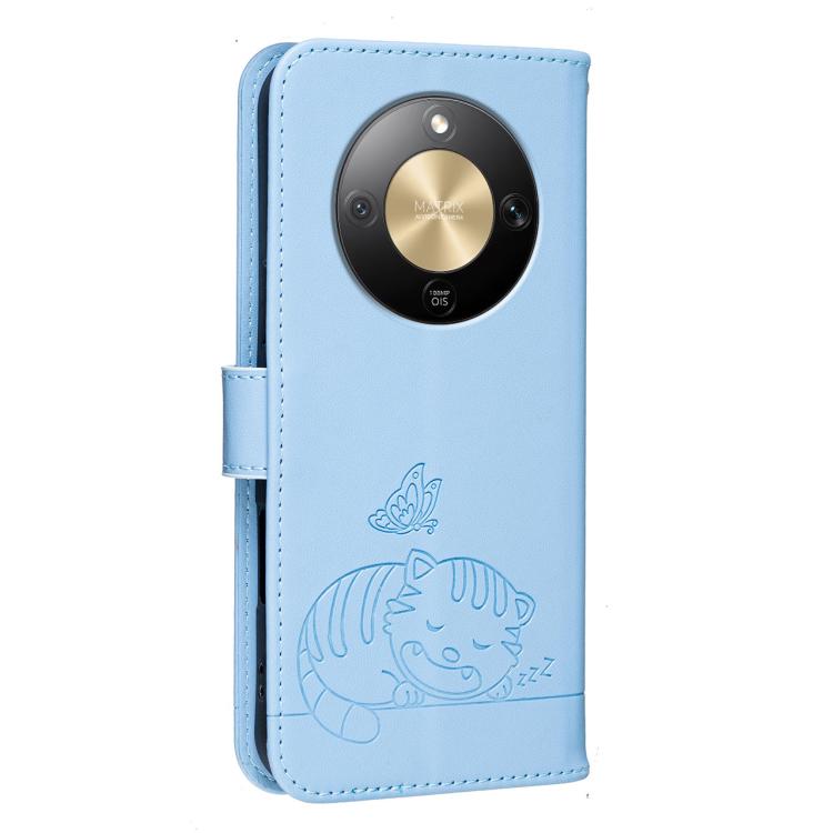 For Honor X9d / X70 / Magic8 Lite Cat Butterfly Embossed RFID Vegan Leather Phone Case with Strap