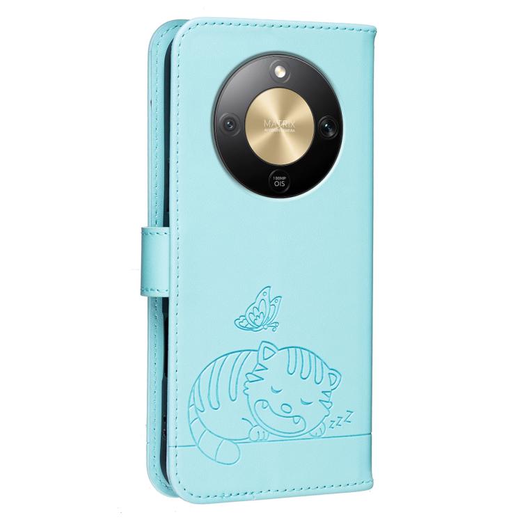 For Honor X9d / X70 / Magic8 Lite Cat Butterfly Embossed RFID Vegan Leather Phone Case with Strap