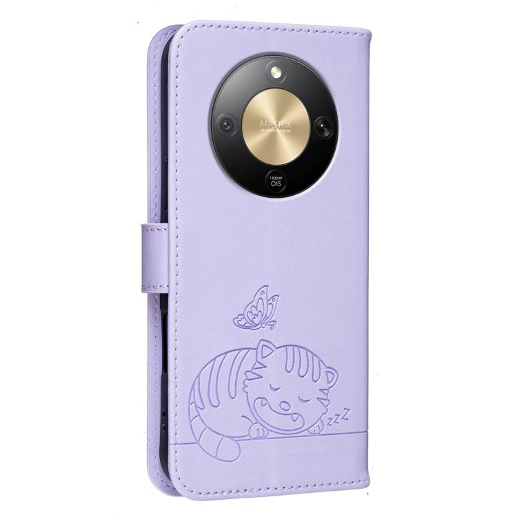 For Honor X9d / X70 / Magic8 Lite Cat Butterfly Embossed RFID Vegan Leather Phone Case with Strap
