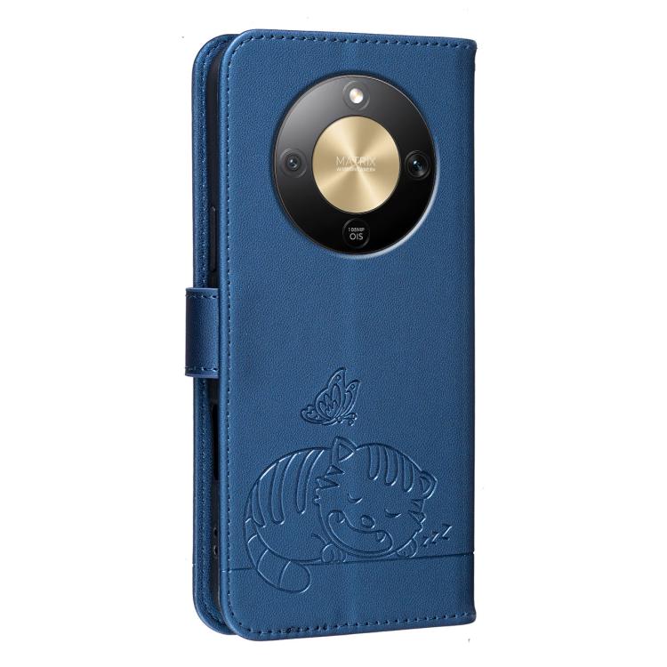For Honor X9d / X70 / Magic8 Lite Cat Butterfly Embossed RFID Vegan Leather Phone Case with Strap
