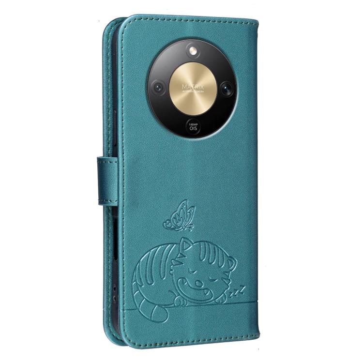 For Honor X9d / X70 / Magic8 Lite Cat Butterfly Embossed RFID Vegan Leather Phone Case with Strap