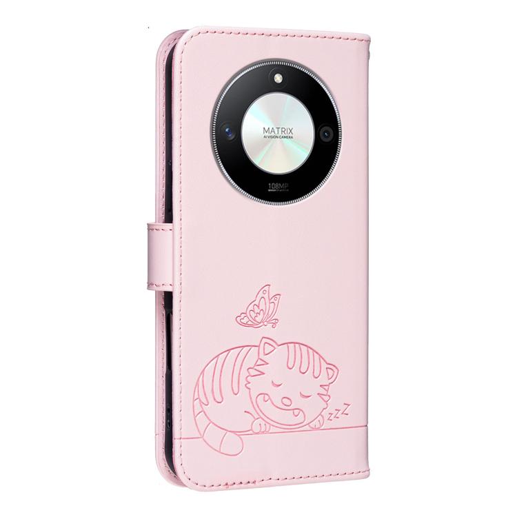 For Honor X50 / X50 Pro / Magic 6 Lite Cat Butterfly Embossed RFID Vegan Leather Phone Case with Strap