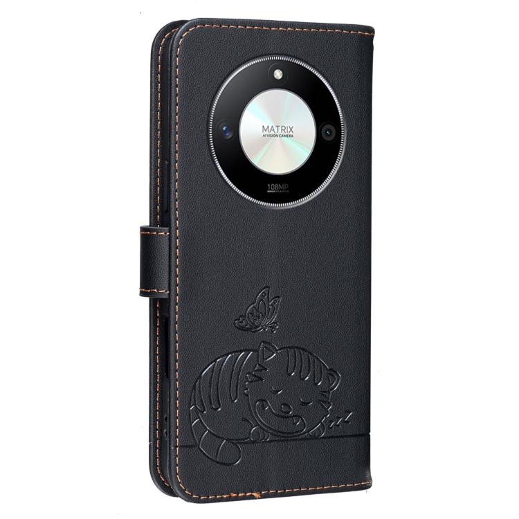 For Honor X50 / X50 Pro / Magic 6 Lite Cat Butterfly Embossed RFID Vegan Leather Phone Case with Strap