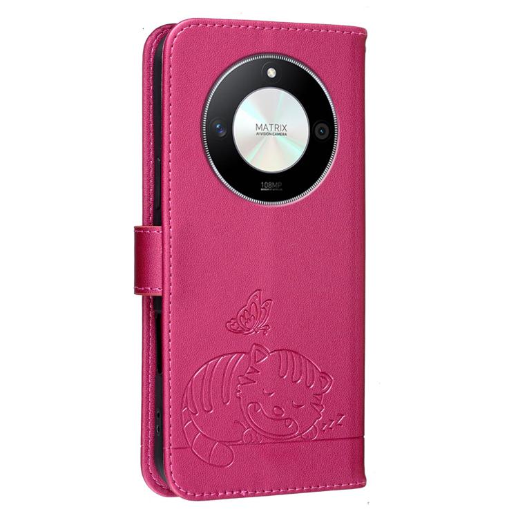 For Honor X50 / X50 Pro / Magic 6 Lite Cat Butterfly Embossed RFID Vegan Leather Phone Case with Strap