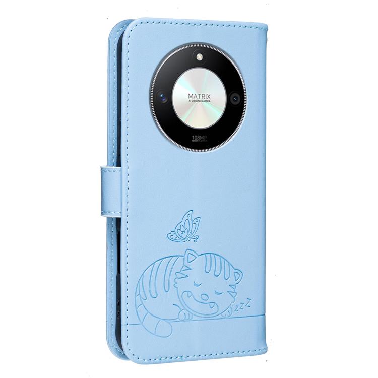 For Honor X50 / X50 Pro / Magic 6 Lite Cat Butterfly Embossed RFID Vegan Leather Phone Case with Strap
