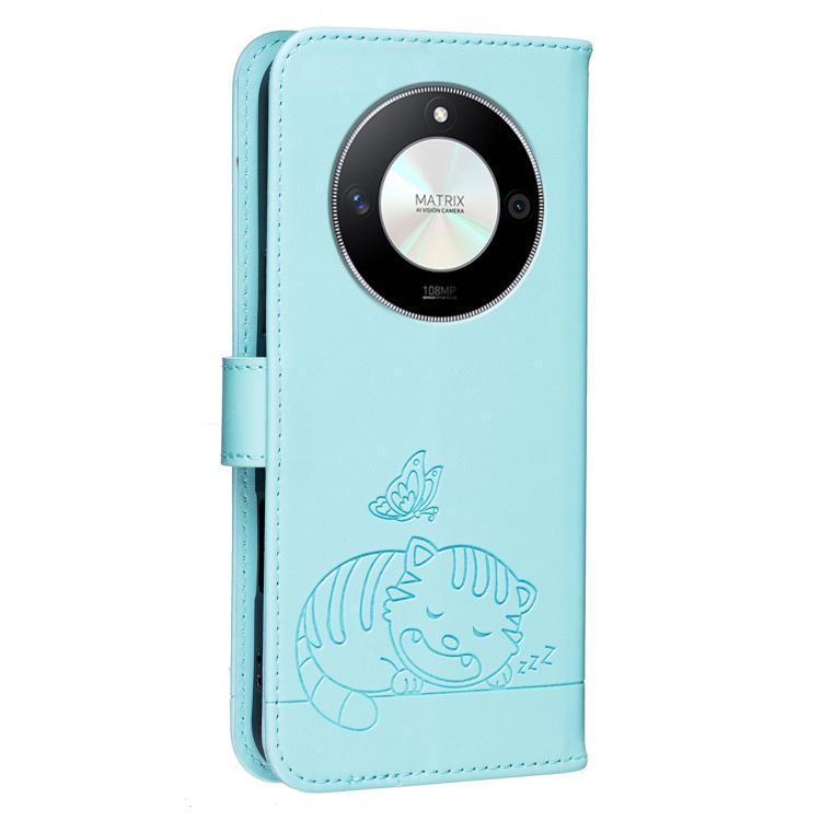 For Honor X50 / X50 Pro / Magic 6 Lite Cat Butterfly Embossed RFID Vegan Leather Phone Case with Strap