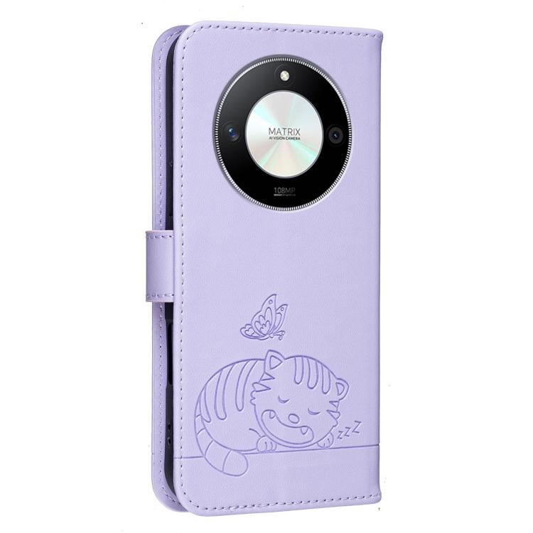 For Honor X50 / X50 Pro / Magic 6 Lite Cat Butterfly Embossed RFID Vegan Leather Phone Case with Strap
