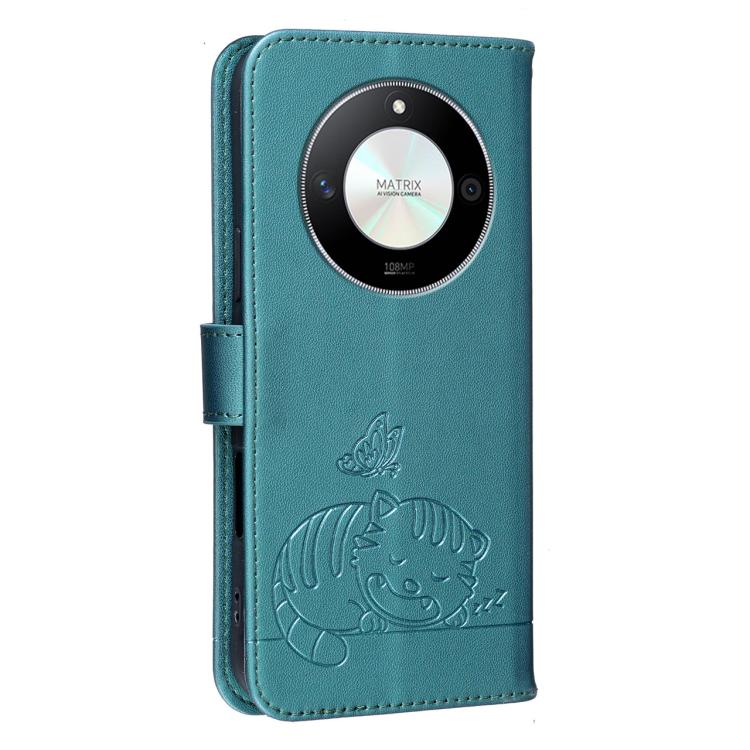For Honor X50 / X50 Pro / Magic 6 Lite Cat Butterfly Embossed RFID Vegan Leather Phone Case with Strap