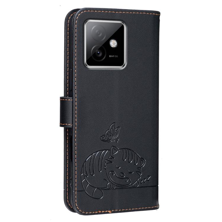 For Honor X60 GT Cat Butterfly Embossed RFID Vegan Leather Phone Case with Strap