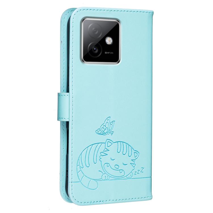 For Honor X60 GT Cat Butterfly Embossed RFID Vegan Leather Phone Case with Strap